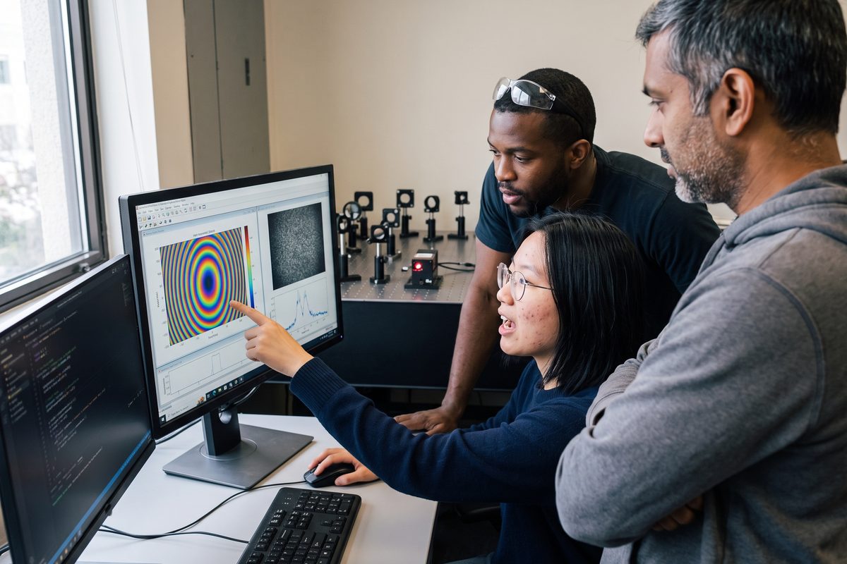 TensaCo engineers reviewing optics data and code on monitors
